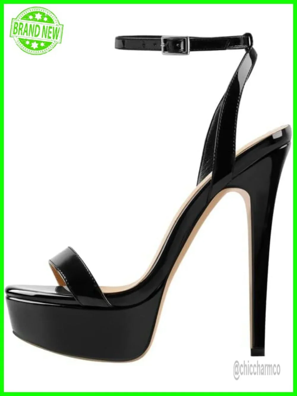 Patent Leather Platform Stiletto Sandals, Open Toe Ankle Strap High Heels for